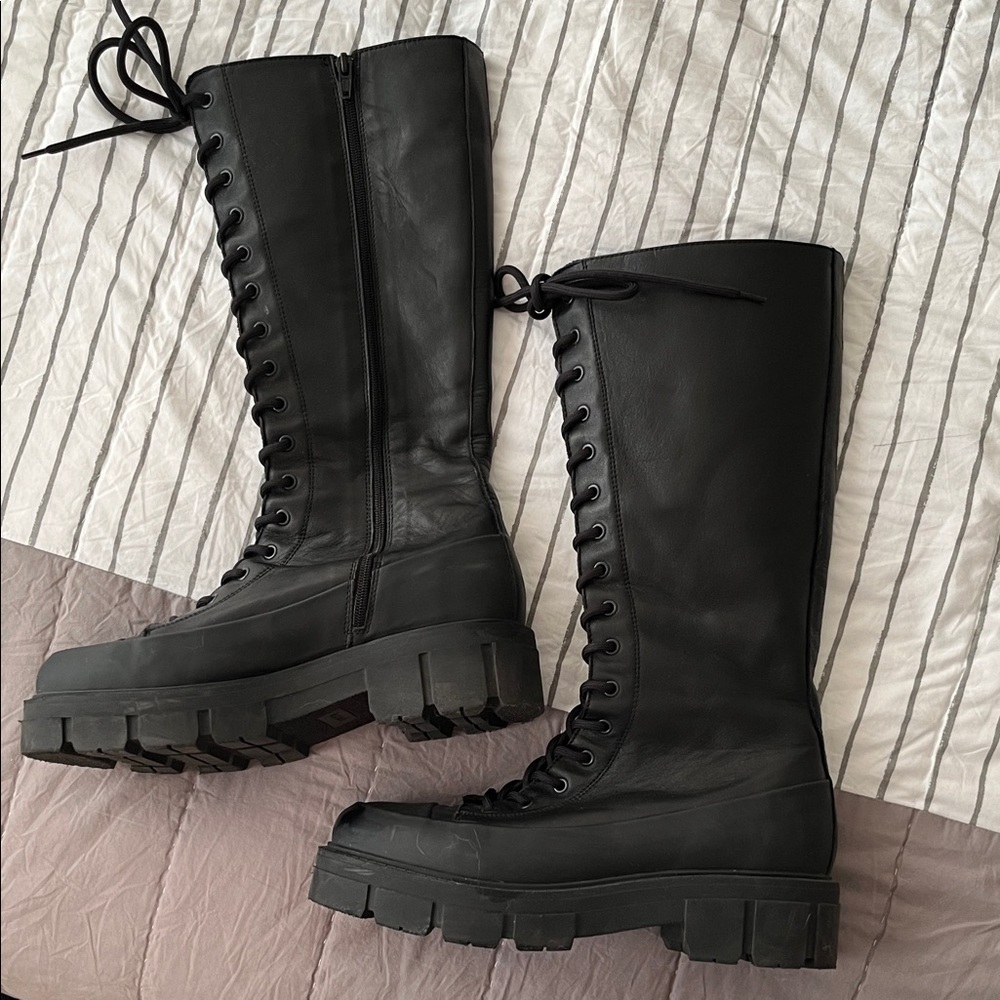 Sacha - Black Lace-Up Combat Style Leather Boots